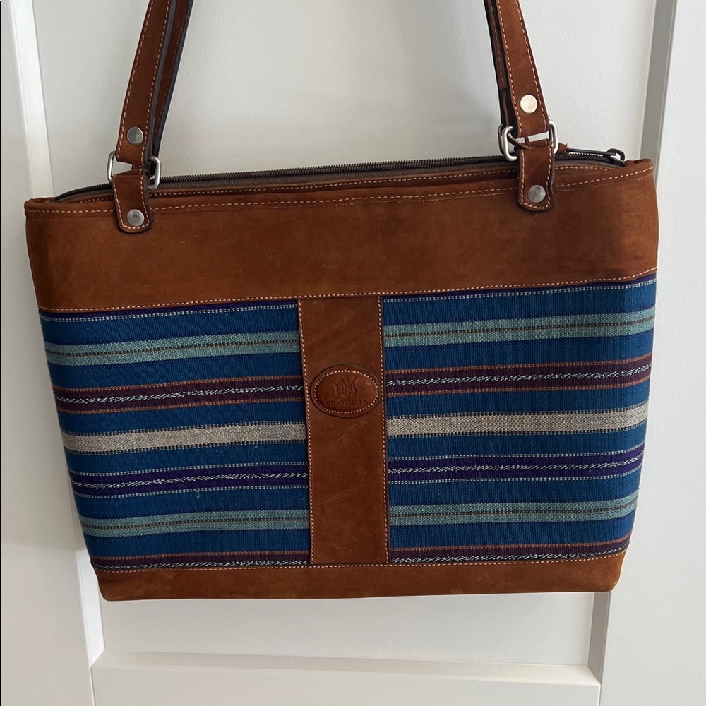 Boho Brown Leather-Trim Blue Striped Tote Bag